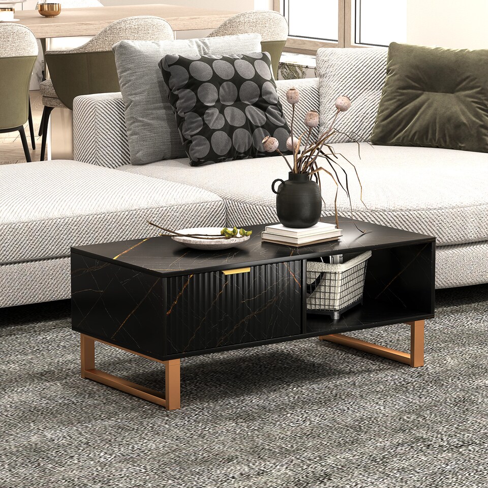 image 1 of HOMCOM Marble-Effect Coffee Table with Storage, Living Room Table with Drawer and 2 Open Shelves, Modern Centre Table with Fluted Door, Black | Black