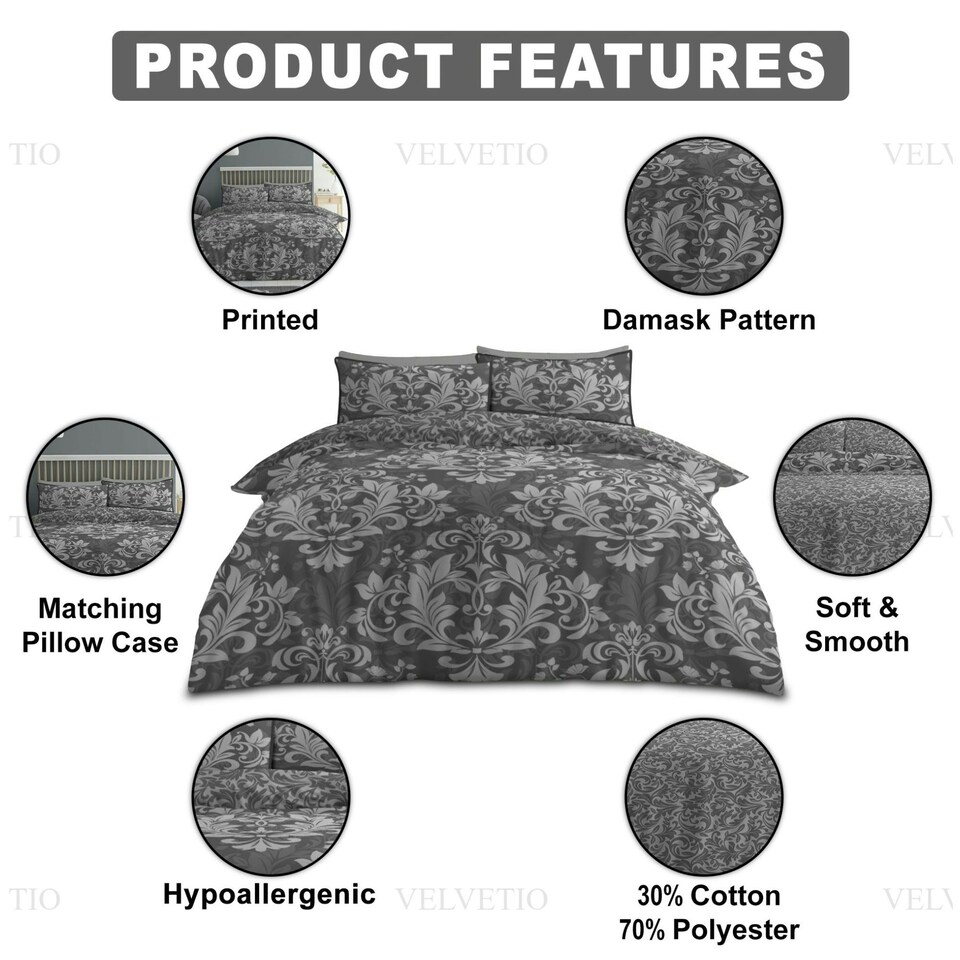 image 1 of VELVETIO Ananias Damask Complete Duvet Cover Set with Fitted Sheet Printed Bedding Quilt Grey | Single