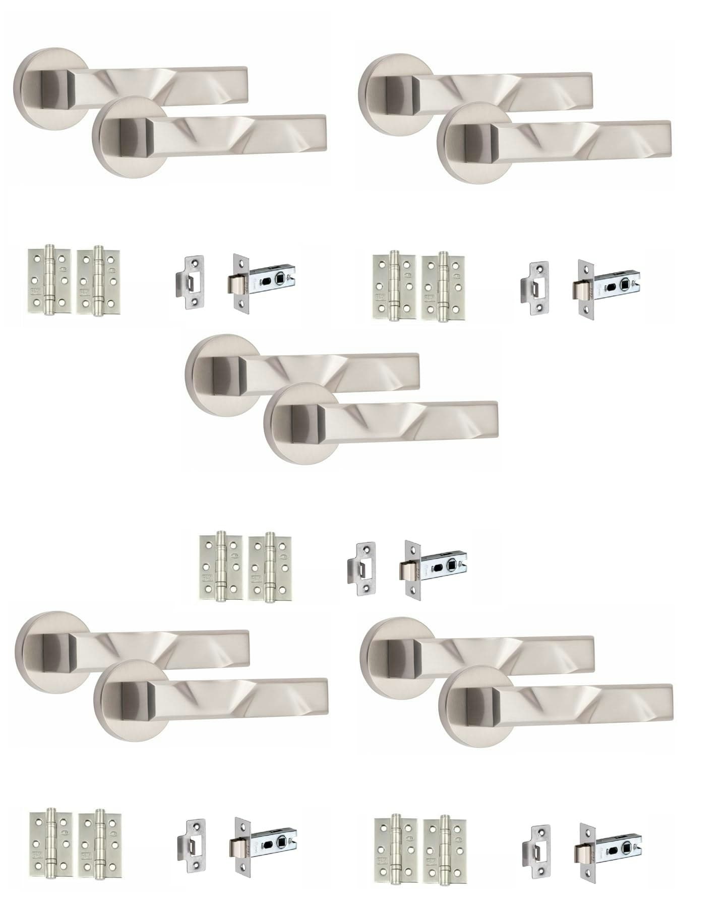 Golden Grace 5 Sets Modern Nova Design Premium Door Handles on Round Rose in Satin Nickel Finish with 2.5" Latch and 1 Pair of Ball Bearing Hinges Gre