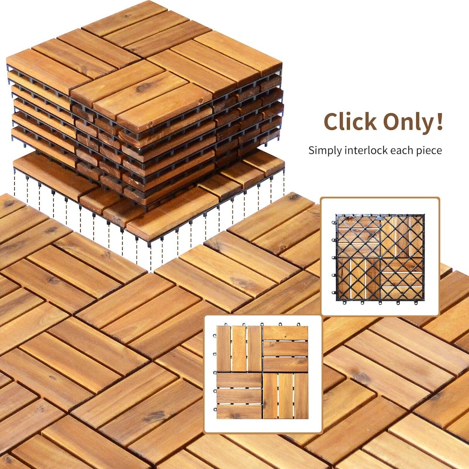 image 1 of Acacia Wood Interlocking Patio Deck Tile 27 Pcs Hardwood Flooring Tile Building