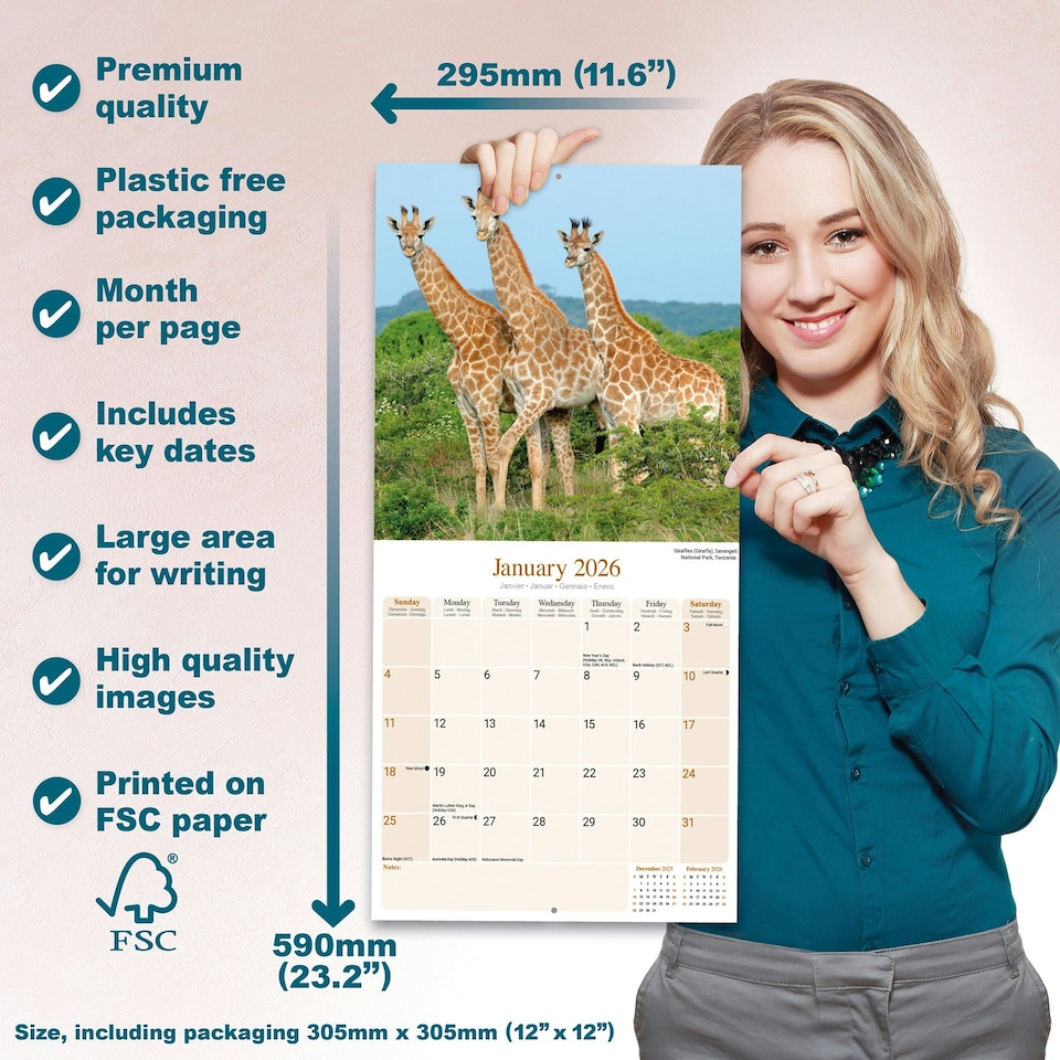 image 1 of African Wildlife 2026 Calendar | Square Wall Calendar | Animal Gift | Plastic Free Packaging | by Avonside Publishing
