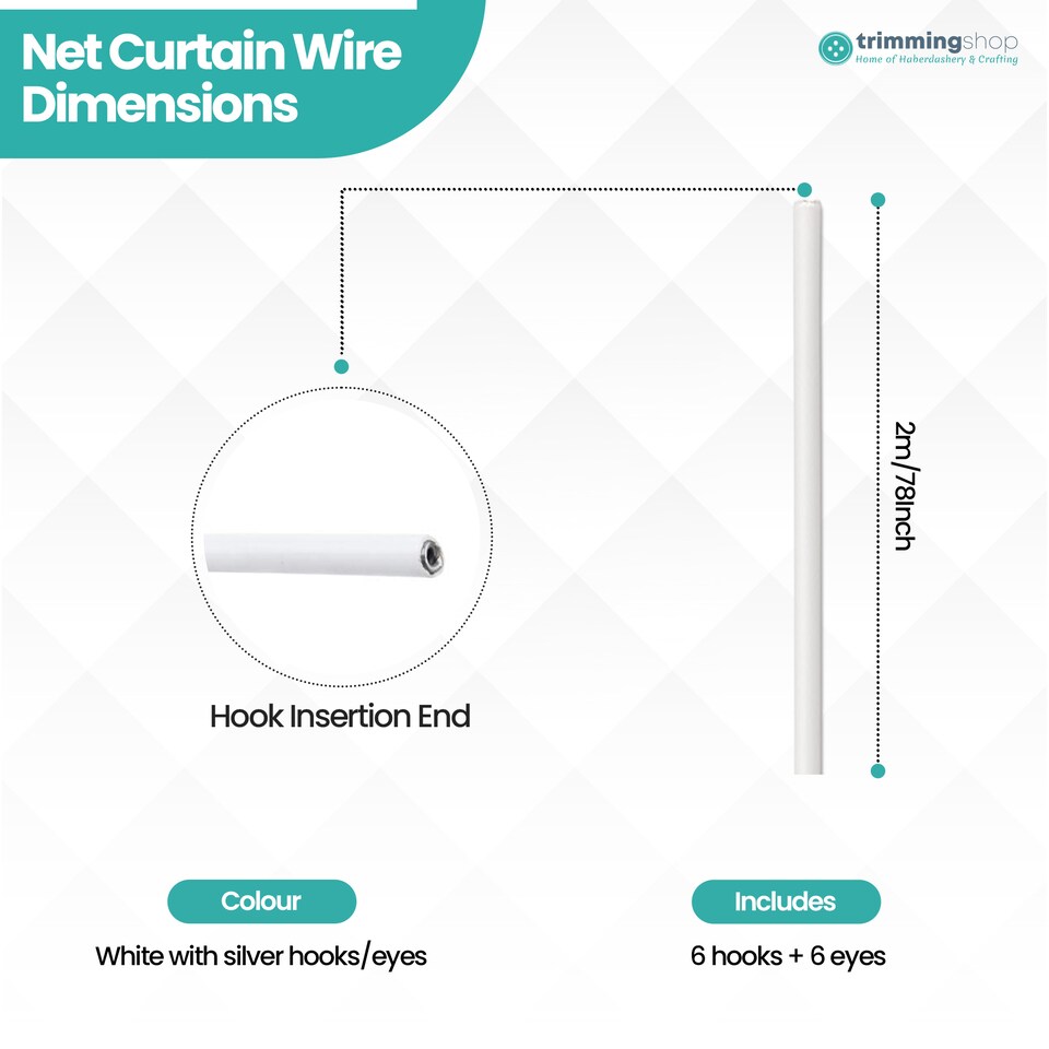 image 1 of White Net Curtain Wire & Hook Set, 2m Curtain Cord with 6 Hooks & 6 Eyes