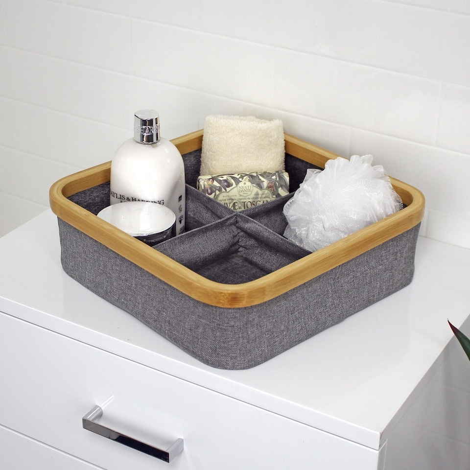 image 1 of Showerdrape Cotswold Bamboo Storage Basket with 4 Compartments | Grey | 1