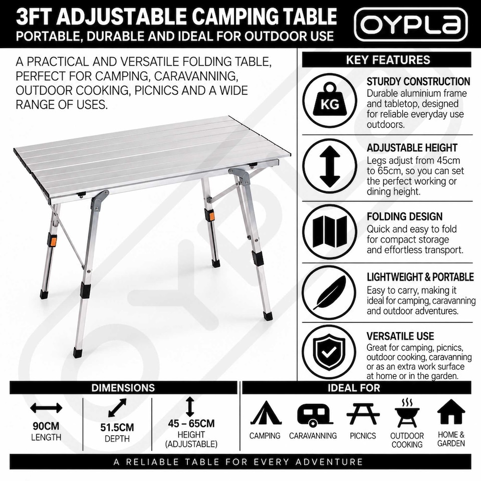 image 1 of 3ft Adjustable Portable Folding Outdoor Aluminium Camping Kitchen Work Top Table | Silver