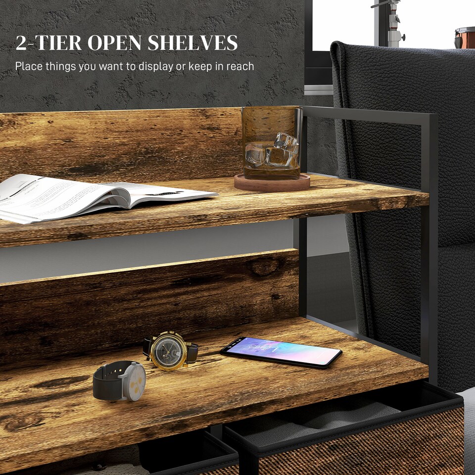 image 1 of HOMCOM Bedroom Chest of Drawers, Fabric Dresser with 5 Drawers, Storage Organiser Unit with Open Shelves and Metal Frame for Living Room, Entryway, Rustic Brown