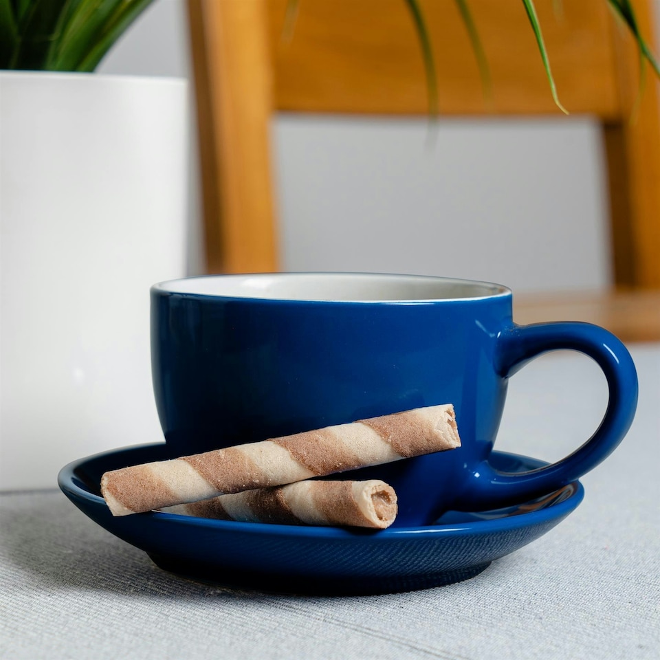 image 1 of Argon Tableware 2pc Coloured Cappuccino Cup & Saucer Set - 250ml - Navy - Coffee Cup Latte Cup Drinking Cup