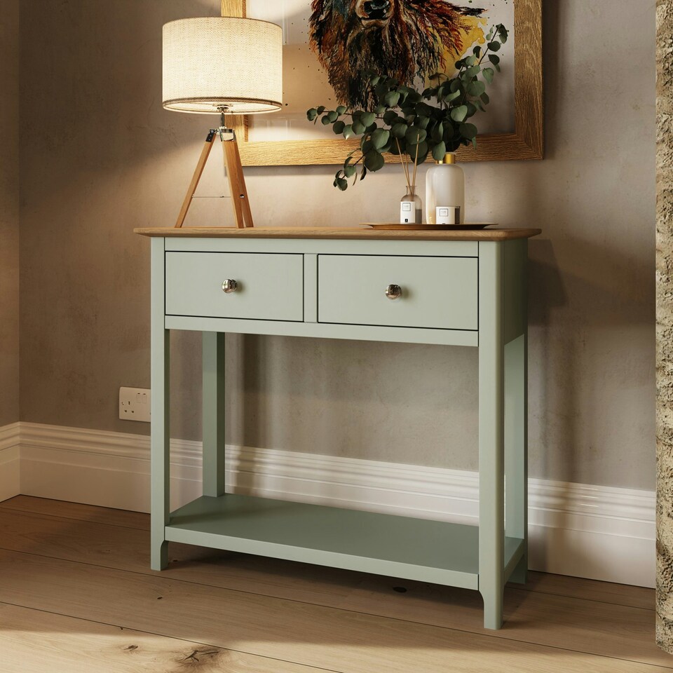 image 1 of Taberno Oak 2 Drawer Console Hallway Table Sage Green Green