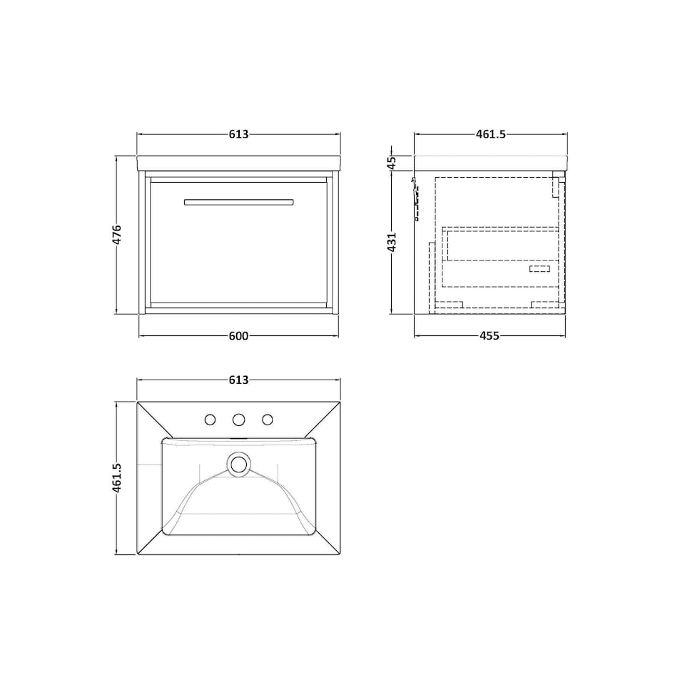 image 1 of Balterley Longnor 1 Drawer Wall Hung Vanity Unit with 3 Tap Hole Modern Fireclay Basin, Woodgrain Graphite Grey, 600mm