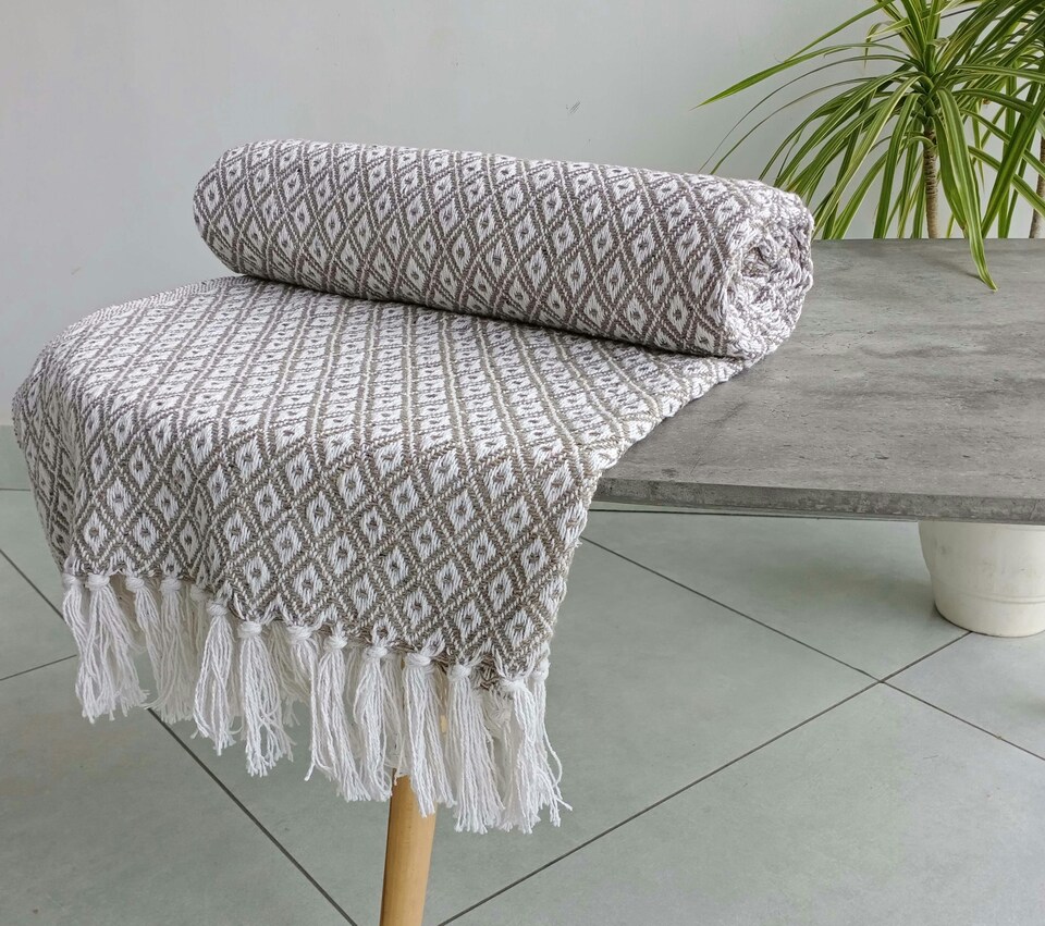 image 1 of Eden Cotton Geometric Throw | Brown | Brown (228x254 cm) | S | 1
