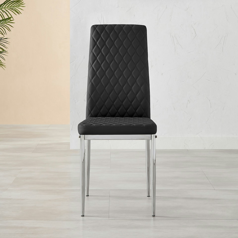 image 1 of Furniturebox 4x Milan Black Chrome Hatched Faux Leather Dining Chairs