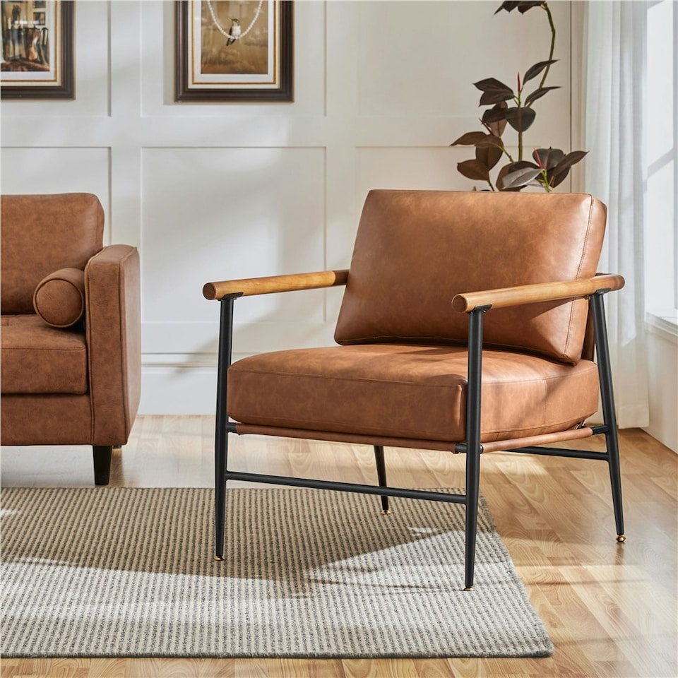 image 1 of Yaheetech PU Leather Accent Chair with Back Pillow Cushion | Brown | Retro Brown