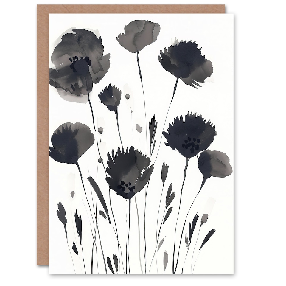 image 1 of Greeting Card Abstract Flowers Black White Floral Watercolour Sympathy