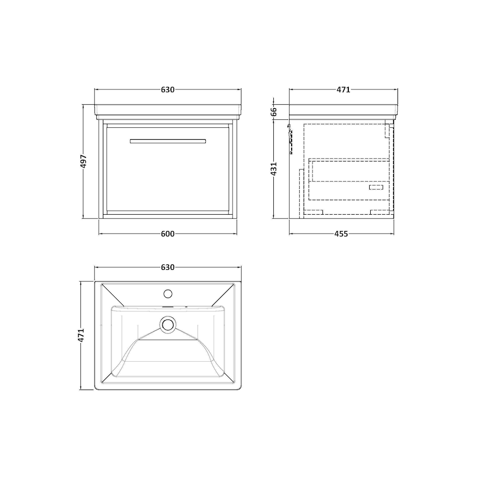 image 1 of Balterley Longnor 1 Drawer Wall Hung Vanity Unit with 1 Tap Hole Traditional Fireclay Basin, Light Oak, 600mm