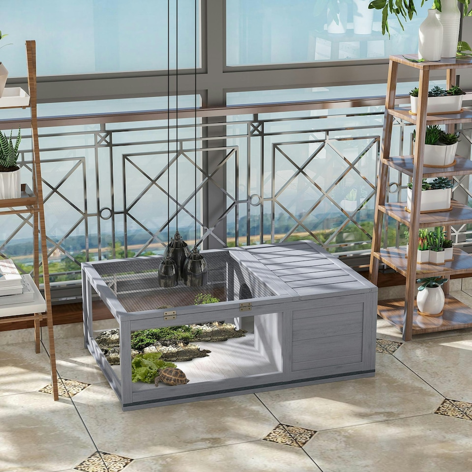 image 1 of PawHut Tortoise House w/ Mesh Roof, Small Pet Reptile Wooden House - Grey