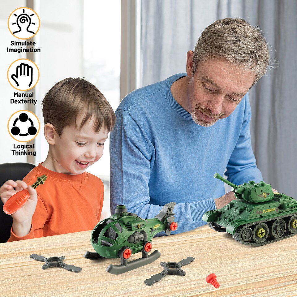image 1 of DIY My First Wheels Set – Army Tank & Helicopter (Take-Apart & Build Kit)