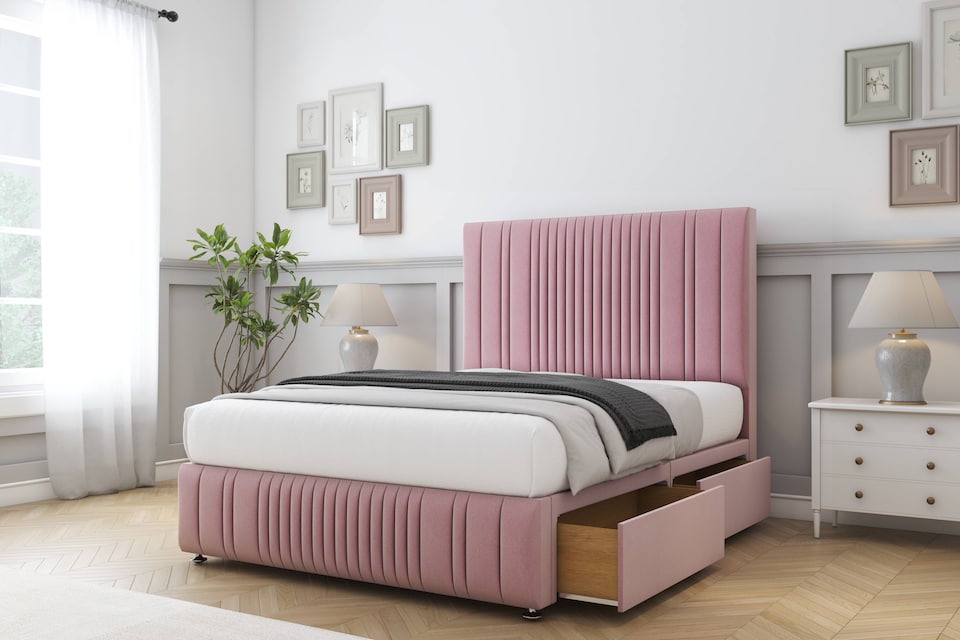 image 1 of Sloomy Kingsley Pink Plush Divan Bed Base 2 Drawers Left Side With 54 Inch Floor Standing Headboard & 12 Inch Matching Footboard | Pink | Pink | Small Double | 1