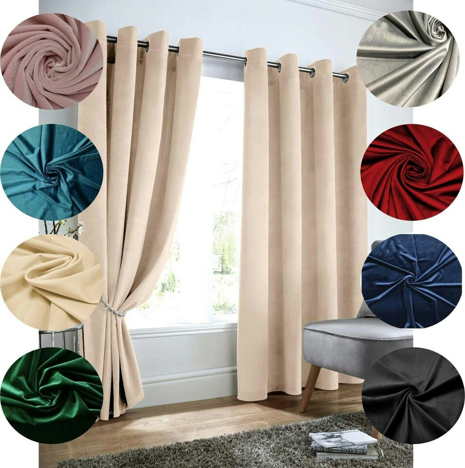 image 1 of Velvet Look Eyelet Ring Top Blackout Curtains - 229cm x 183cm - Cream