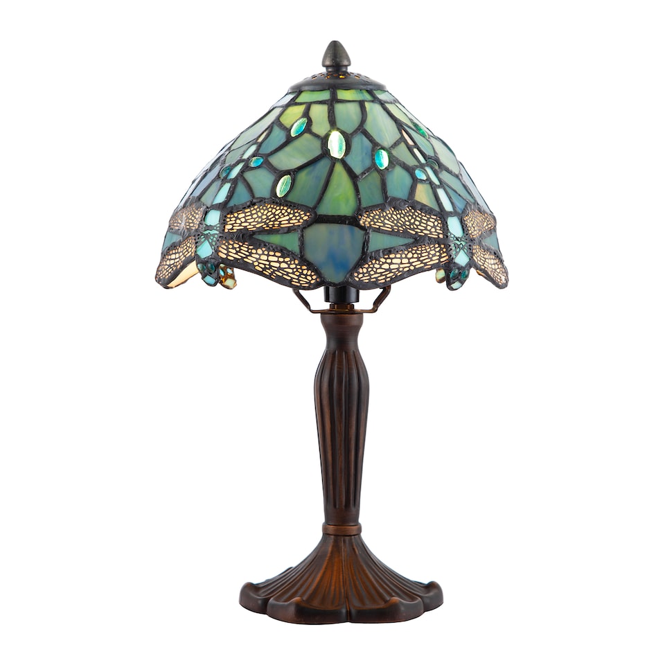 image 1 of Handmade Emerald Green Stained Glass 8 Inch Tiffany Lamp with Dragonfly Design | Green