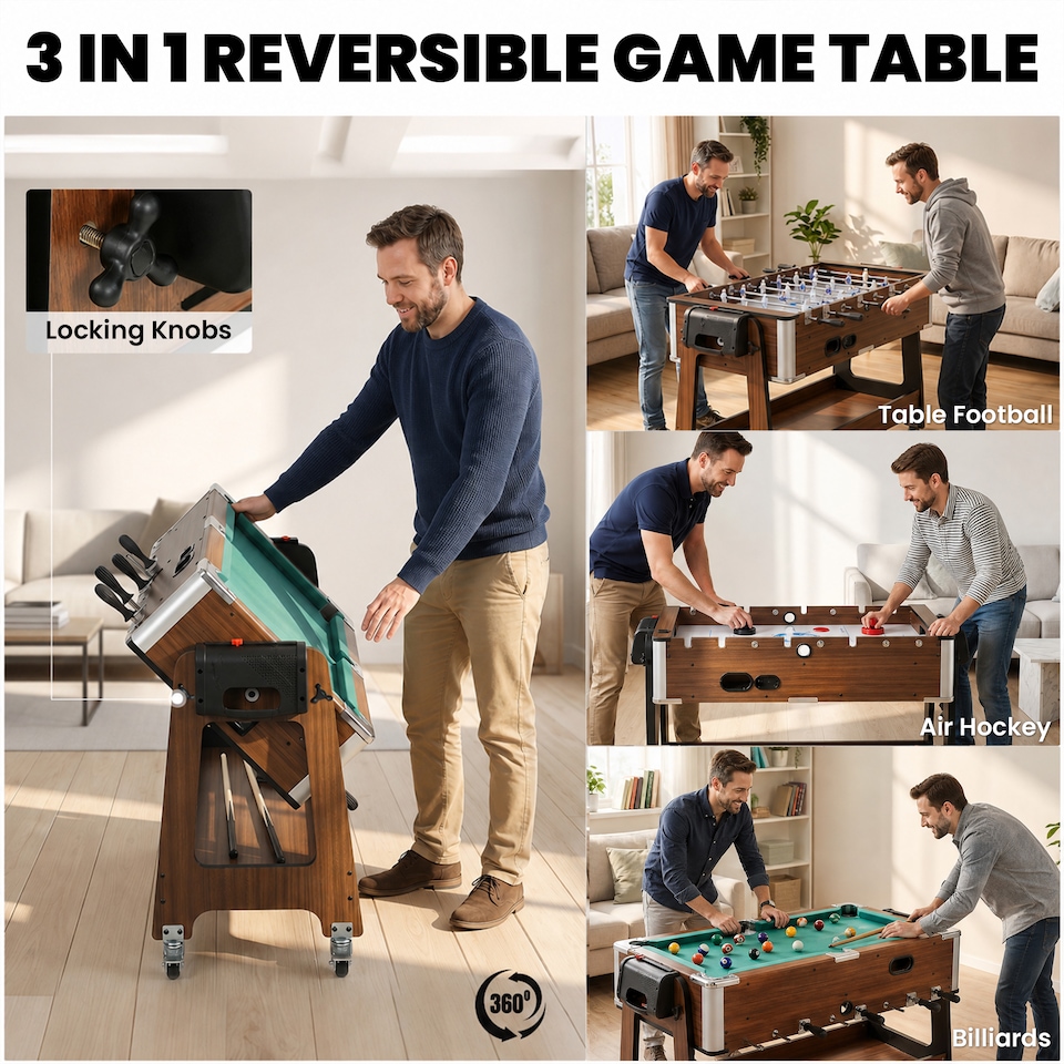 image 1 of SPORTNOW 3 in 1 Reversible Multi Game Table with Lockable Wheels and Shelf