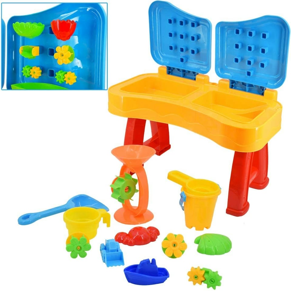 image 1 of Sand and Water Activity Table XL with Double Compartment, Waterfall Lids, and 25 Accessories – Outdoor Play Set with Lids and Water Mill