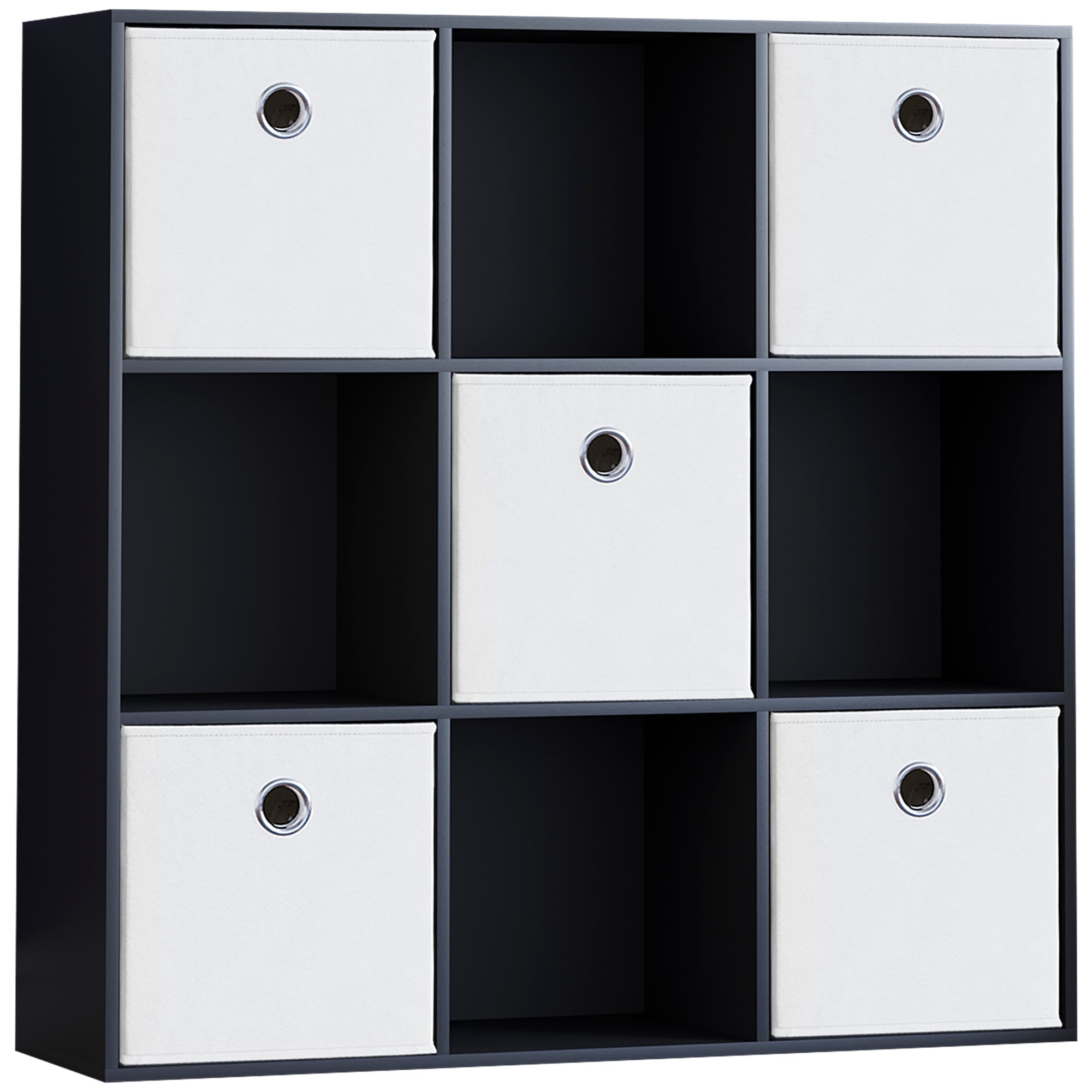 Vida Designs Durham 3x3 Cube Storage Unit, Black & Set of 5 White Cube Storage Baskets