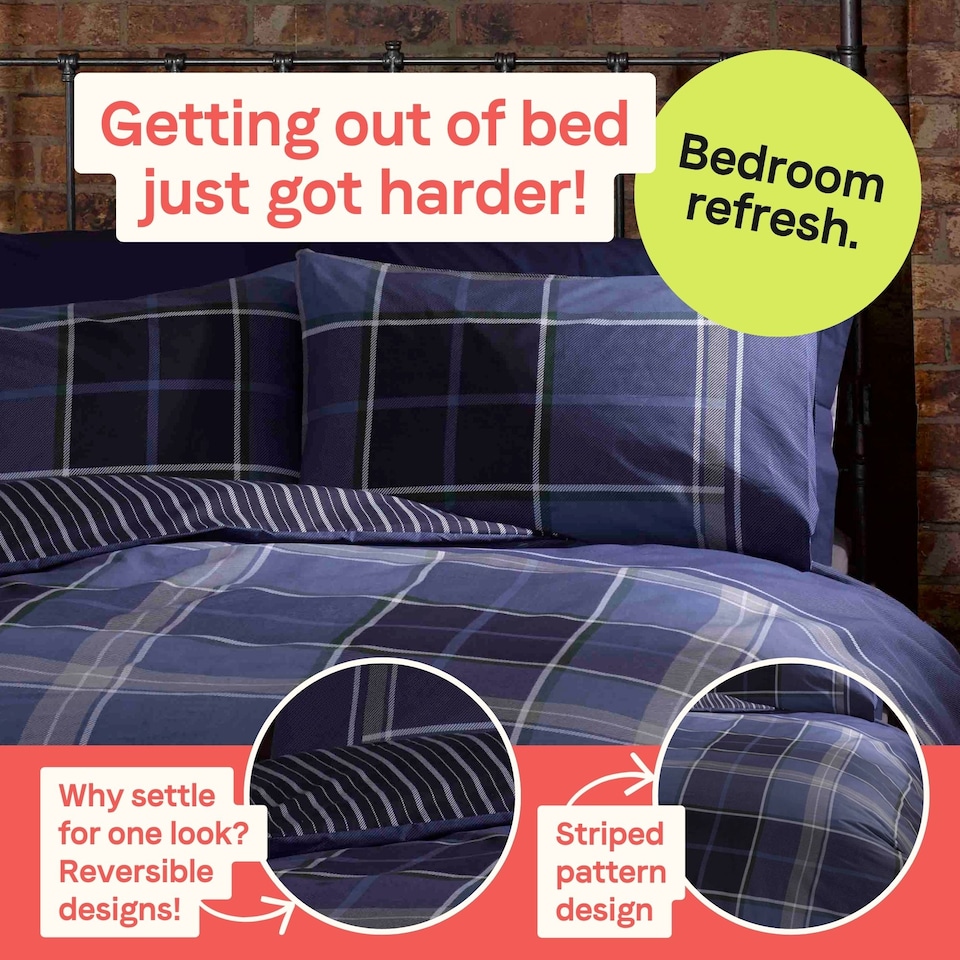 image 1 of Argyle Design Tartan Polycotton Duvet Set With Pillowcase | Blue | 1