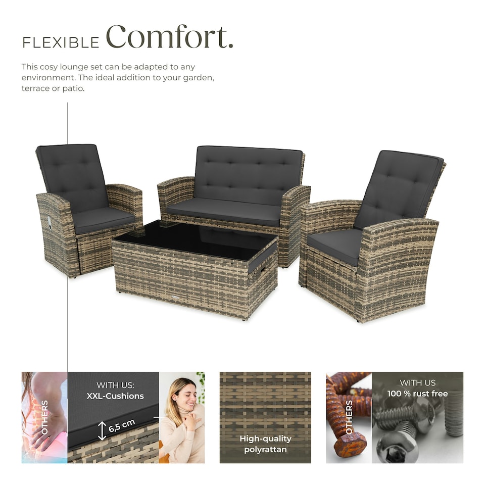image 1 of Garden Furniture Set Bari - outdoor sofa, 2 reclining armchairs, 2 footstools, table - Nature