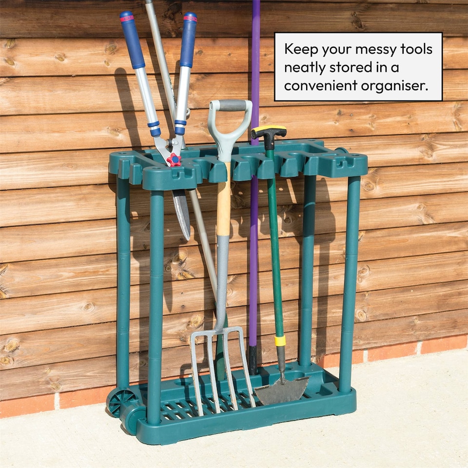 image 1 of KCT Garden Tool Storage with Wheels Rack Organiser for Shed Garage Accessories Spade Holder Tidy Solutions Freestanding Plastic