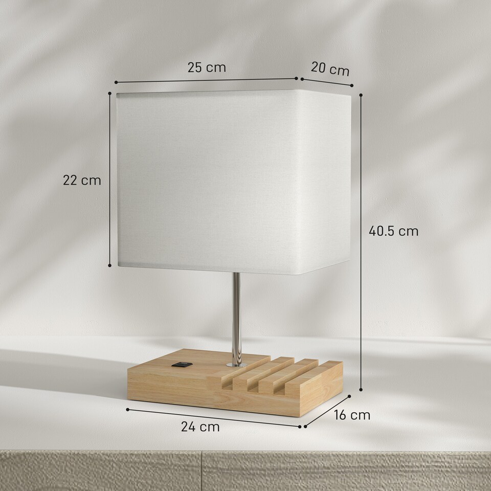 image 1 of HOMCOM Bedside Lamp with USB A C Charging Ports and 3 Phone Stands, Modern Table Lamp with Solid Wood Base and Fabric Shade for Bedroom Living Room Office, E27 Socket, Bulb Not Included, White | White | White