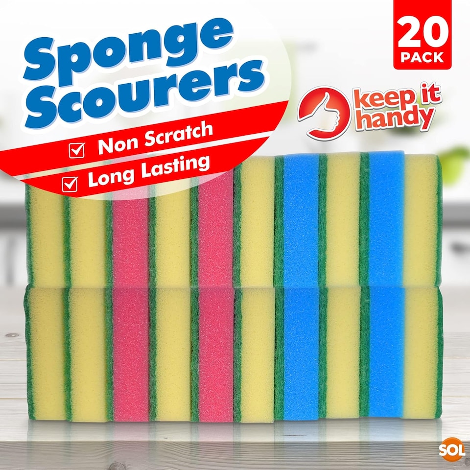 image 1 of 20pk Small Sponge Scourers – Blue, Pink & Yellow Washing Up Sponges for Dishwashing, Kitchen Cleaning & Daily Home Use