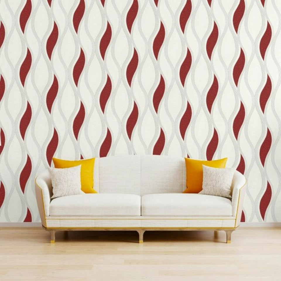 image 1 of Direct Wallpapers Wave Textured Wallpaper - Red/White/Silver - 10m x 53cm Red