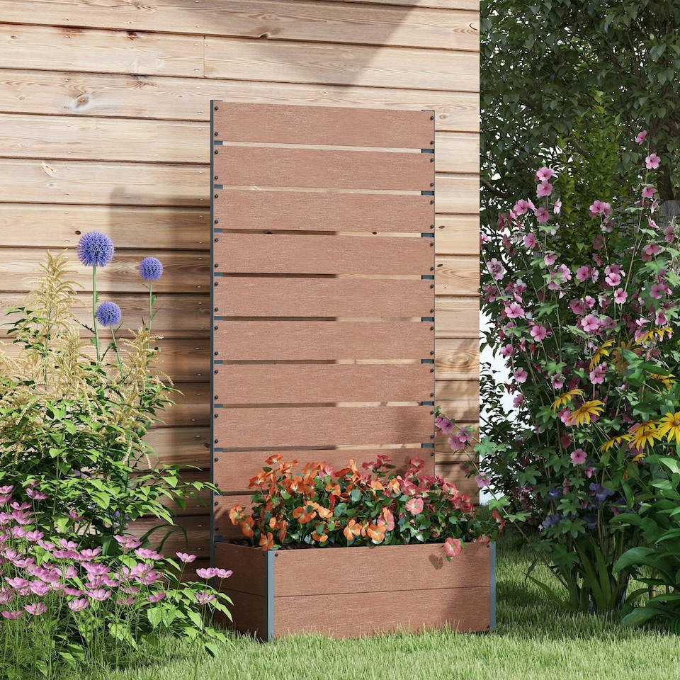 image 1 of Outsunny Raised Garden Bed with Trellis and Drainage Hole, Planter Box Grey