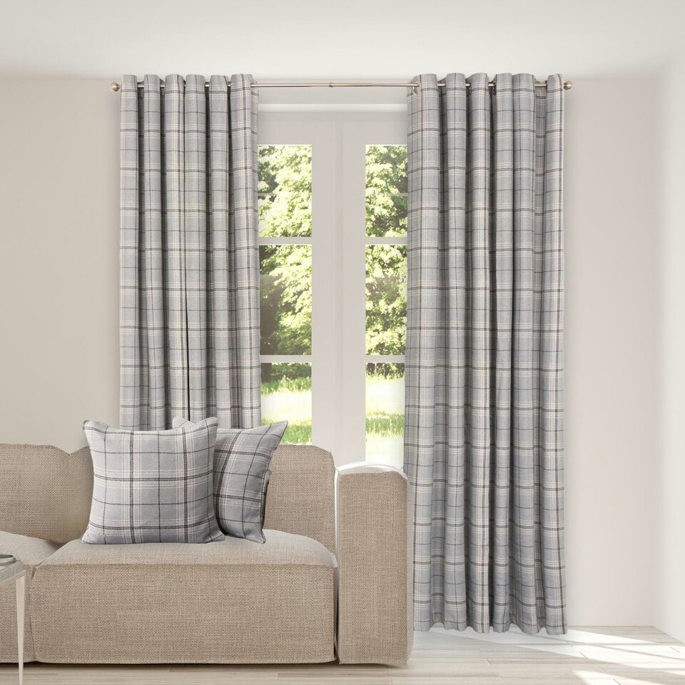 image 1 of OHS Textured Woven Check Eyelet Curtains, 66x90" - Grey