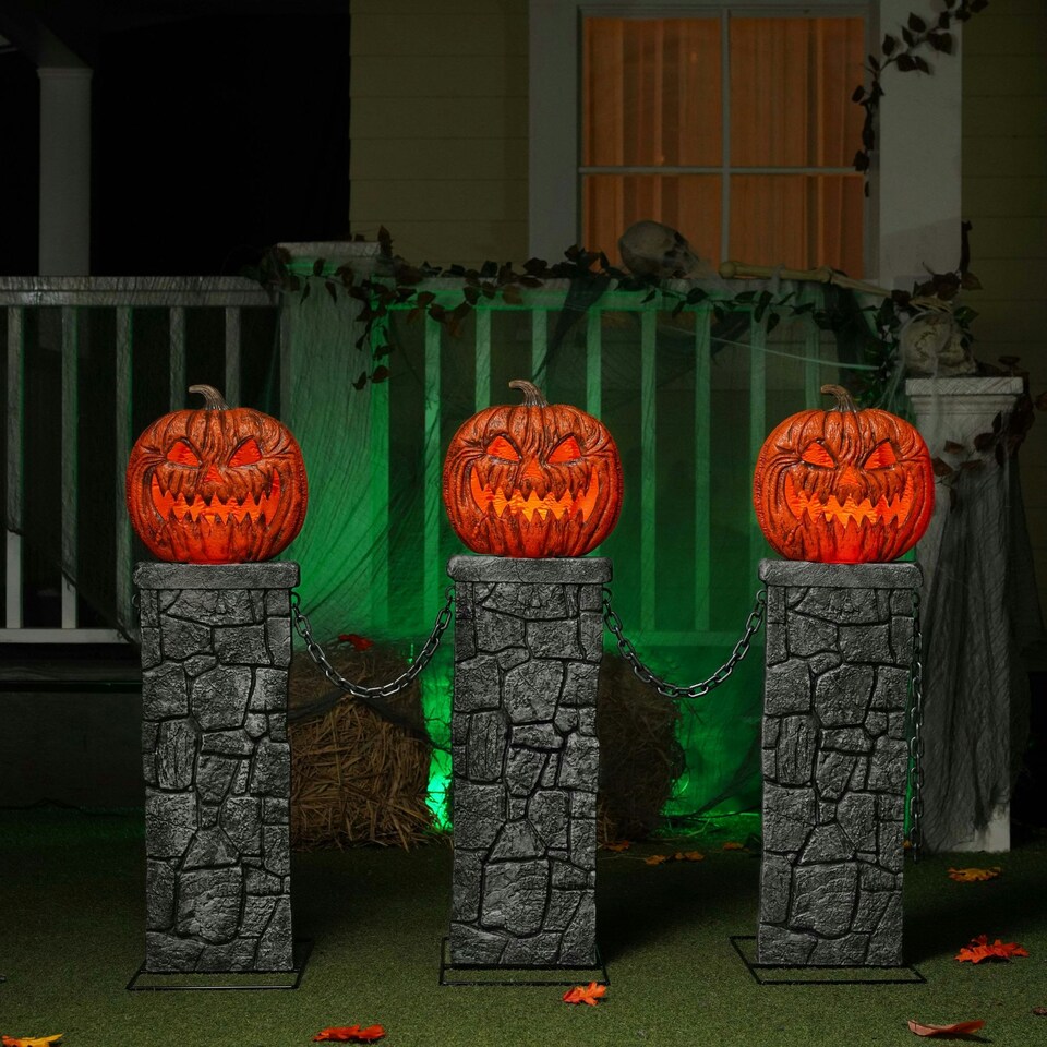 image 1 of 91cm x 1.2m Battery Powered Light up Halloween Pumpkin Fence with LEDs