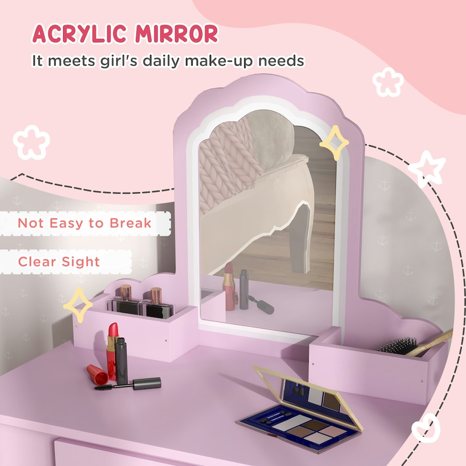 image 1 of ZONEKIZ Kids Dressing Table, Cloud Design w/ Mirror, Stool, Drawer, Storage Box Pink