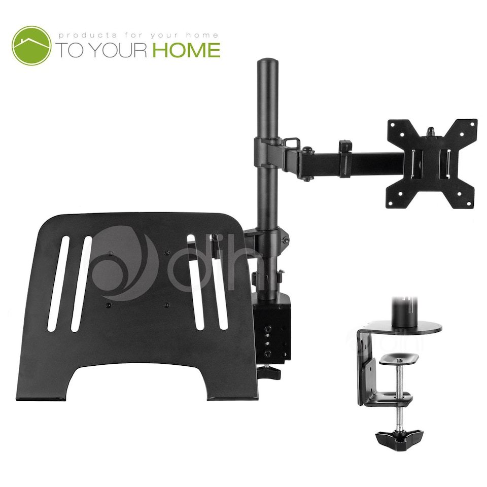 image 1 of Dihl Monitor Arm with Laptop Tray, Desk Mount Clamp Stand with Notebook Tray, 13 to 27 ", Fully Adjustable VESA Mount for 8KG Monitor Screen and up to 4KG Notebook, Monitor Arm Desk Mount