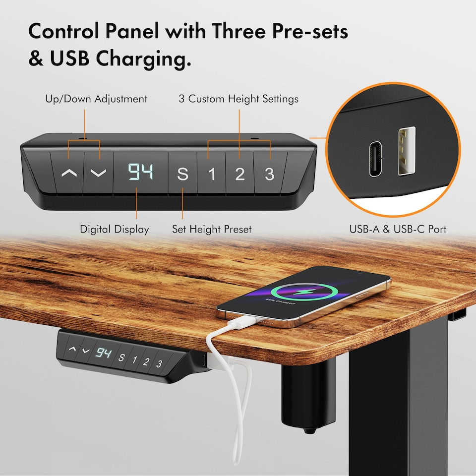 image 1 of VonHaus Large Adjustable Electric Standing Desk with USB-C charging