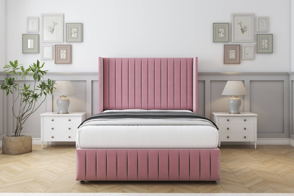 image 1 of Sloomy Marlborough Pink Plush Divan Bed Base No Drawers With 54 Inch Wingback Headboard & 12 Inch Matching Footboard | Pink | Pink | Small Single | 1