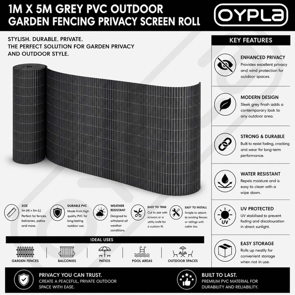 image 1 of 1m x 5m Grey PVC Outdoor Garden Fencing Privacy Screen Roll | Grey | 1