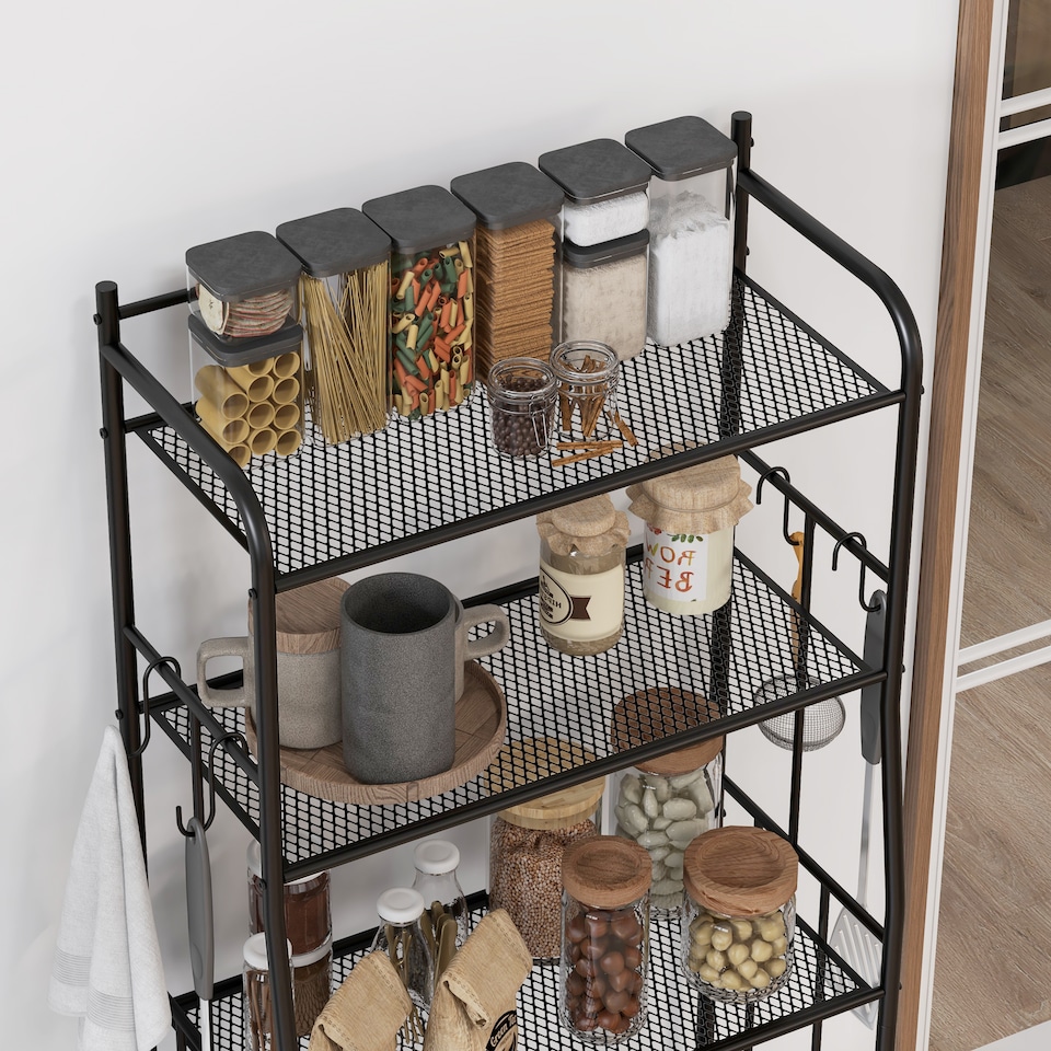 image 1 of HOMCOM 5-Tier Kitchen Storage Unit, Microwave Stand with 5 Mesh Open Shelves and 4 Hooks, Modern Coffee Bar Station with Steel Frame for Living Room, Black