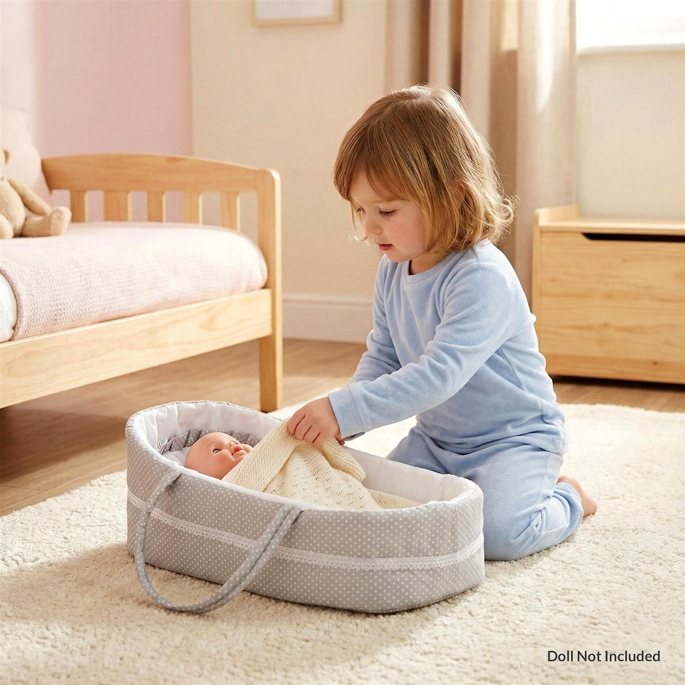 image 1 of BiBi Doll Baby Doll Grey Polka Dot Carry Cot up to 20" Dolls