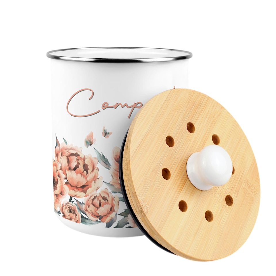 image 1 of Peach Peonies Compost Caddy - Metal 2L Decorative Kitchen Food Waste Bin