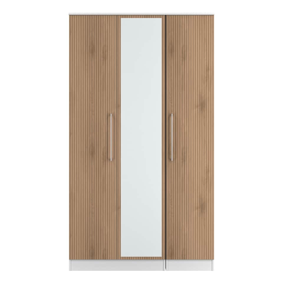 image 1 of Gloucester Tall Triple Mirrored Wardrobe in Slatted Effect & White (Ready Assembled) | White | Slatted Effect & White