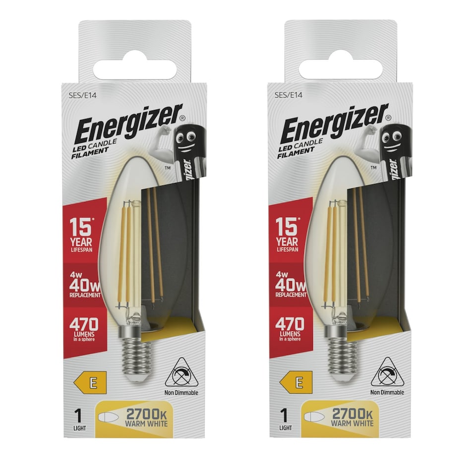 image 1 of Energizer LED Filament Candle E14 470lm 4W 2700K (Warm White) Light Bulb - Pack of 2