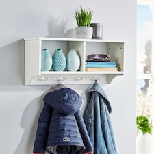 Coat Hook Wall Mounted Unit 2 Open Shelves 4 Robe Hooks Bathroom Hallway | White