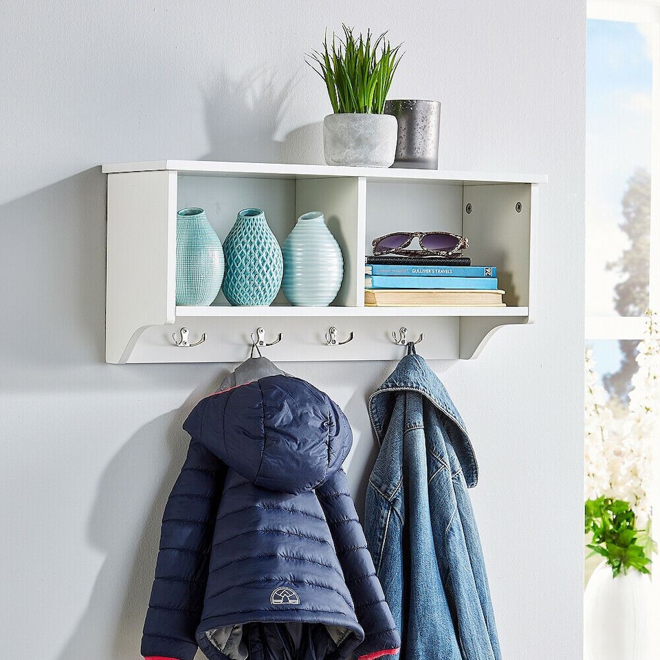 image 1 of Coat Hook Wall Mounted Unit 2 Open Shelves 4 Robe Hooks Bathroom Hallway | White