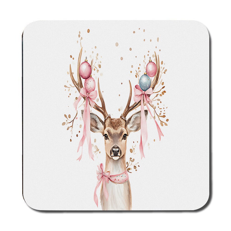 image 1 of Deer Head Christmas Placemats And Coaster Set With Pink Ribbons