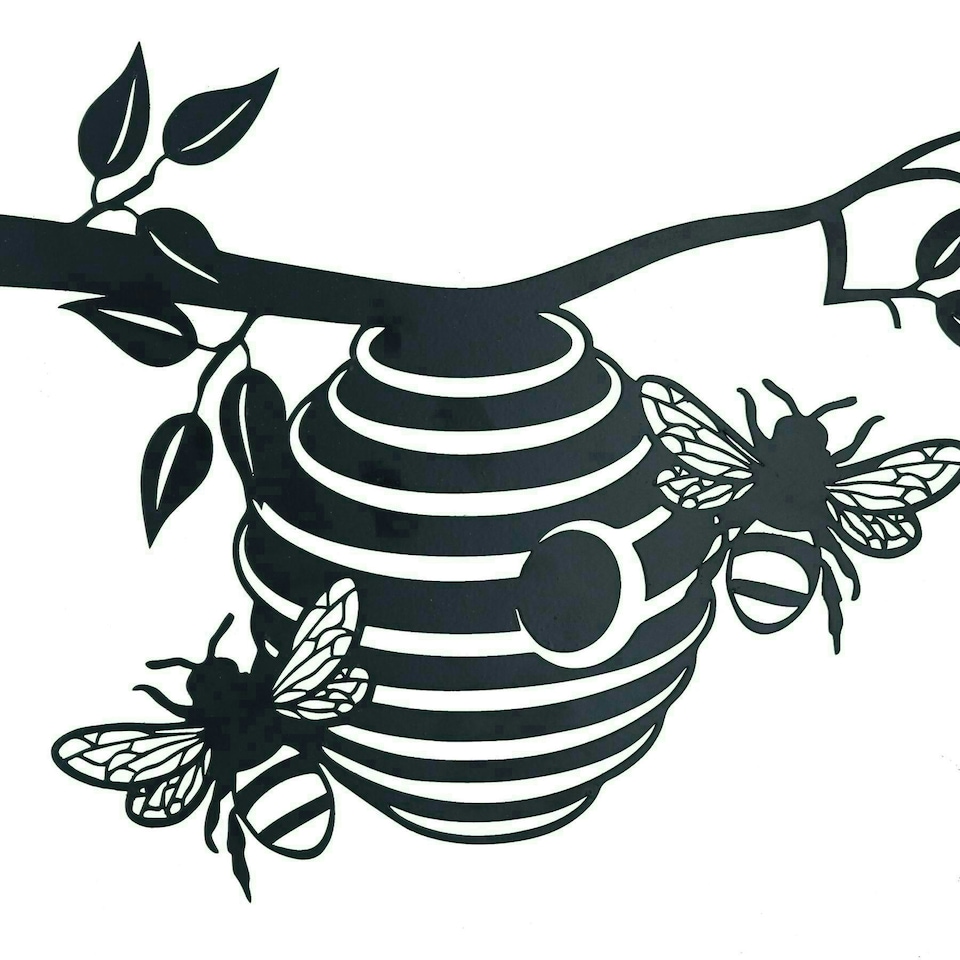image 1 of Black Metal Beehive Tree Silhouette with Fixing Plate Decor Garden Ornament Gift