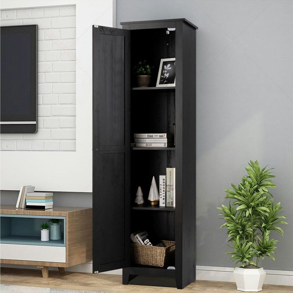 image 1 of COSTWAY Wood Tall Storage Cabinet 4 Tires Display Organizer Black