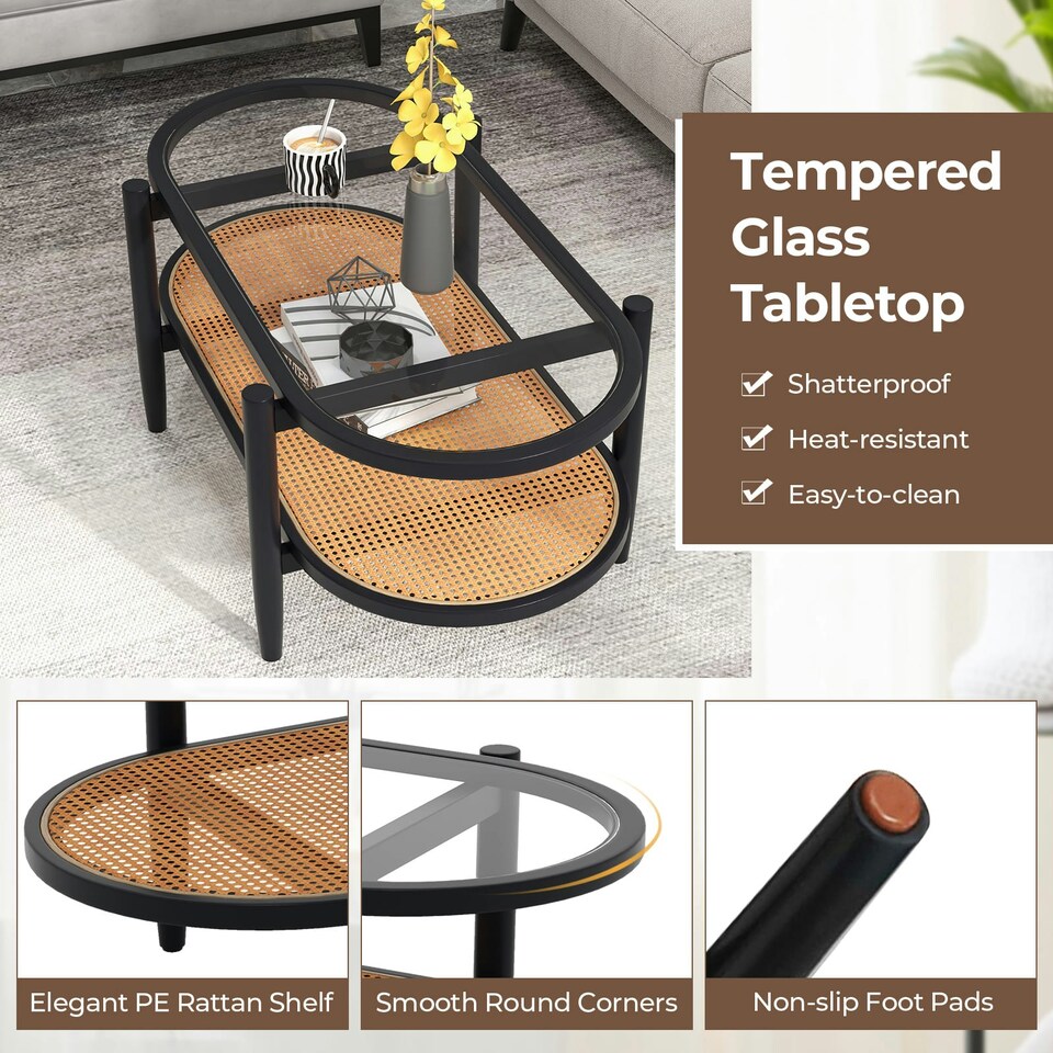 image 1 of COSTWAY 2-Tier Coffee Table Rattan Center Table with Storage Black
